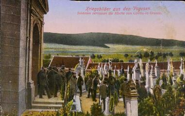 Kriegsbilder aus den Vogesen. Soldaten verlassen die Kirche von Colroy-la-Grande [Image de la guerre dans les Vosges. Soldats quittant l'église de Colroy-la-Grande].