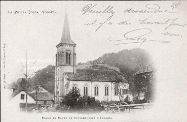 La Petite-Fosse (Vosges). Église et route de Provenchères à Senones.
