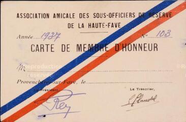 Association amicale des sous-officiers de réserve de la Haute-Fave : carte de membre d'honneur vierge.