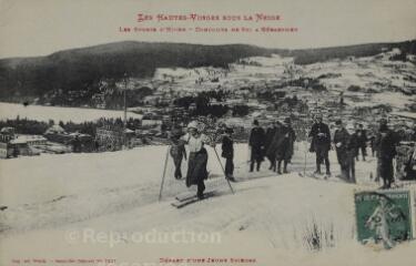 Les Hautes-Vosges sous la neige. - Les sports d'hiver. Concours de ski à Gérardmer. Départ d'une jeune skieuse.