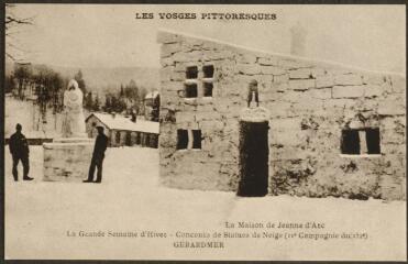 Les Vosges pittoresques. Gérardmer. La maison de Jeanne d'Arc. La grande semaine d'hiver. Concours de statues de neige (11e compagnie du 152e).