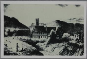 [Étival-Clairefontaine]. - Vue arrière [de l'] ancien palais abbatial avant incendie, avant 1871, d'après une lithogravure.