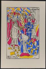 Jeanne d'Arc 1412-1431, 5ème centenaire de sa réhabilitation (recueil de sept planches),- Reims : sacre du roi Charles VII par l'archevêque Renault de Chartres.