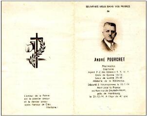 Mémento de décès d’André Pourchet, pharmacien à Nancy, membre des réseaux « SSMF-TR » et « Mithridate » (1945).