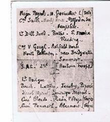 Photographie d’un document présentant une liste nominative de civils français et de membres du 2e régiment SAS parachutés dans les Hautes-Vosges au cours de l’été 1944 dans le cadre de la « mission Loyton » et fusillés par les Allemands à Gaggenau (Allemagne) le 25 novembre 1944