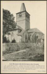 Champ-le-Duc. Église paroissiale (milieu du XIIe siècle). Vue générale sud de l'édifice. Clocher à baies composées de plusieurs arcatures. On voit entre le transept et l'abside, l'amorce d'une ancienne absidiale. A.P. - Monument historique.