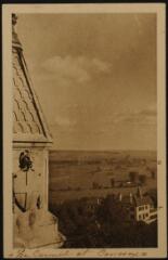 [Domrémy]. - Détail du clocher de la basilique de Domrémy. Vue panoramique : le Carmel et Coussey.
