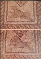 [Grand]. - Basilique antique : détails de la mosaïque. Deux animaux de nos régions, l'ours ou le chien, le sanglier.