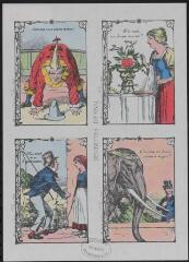 Visitez l'Imagerie Pellerin: planche de quatre devinettes [trois clowns ; femme et ses invités; homme et ses pourceaux ; homme et l'éléphant].