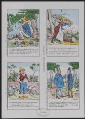 Visitez l'Imagerie Pellerin : planche de quatre devinettes[Gorju et Goulu ; femme au fagot ; homme au chapeau ; homme cherchant le garde-champêtre et les deux chiens].