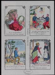 Visitez l'Imagerie Pellerin : planche de quatre devinettes [jeune fille aux couronnes ; soldats dans une auberge ; homme cherchant un pêcheur ; sorcière].