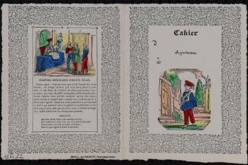 Couverture de cahier : écolier, «exemple mémorable d'amour filial». (reproduction d'un bois gravé).