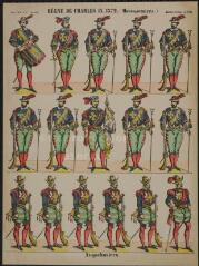Régne de Charles IX, 1572. (Mousquetaires) Arquebusiers (n° 370). [Catalogue spécial des soldats - soldats français - troupes anciennes - 3 rangs à pied - 15 sujets].