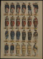 Francs-tireurs - 1870 (n° 469). [Catalogue spécial des soldats - soldats francais - tenues antérieures à 1875 - 4 rangs à pied - 22 sujets].