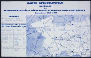 Carte de localisation des principales cavités du département des Vosges et des zones limitrophes explorées entre 1950 et 1969 par le groupe spéléo-préhistorique vosgien.