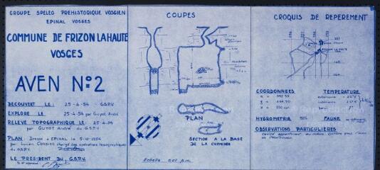 Aven n° 2 à Frizon-la-Haute : plan, croquis de localisation, coupes latérale et transversale, relevés de l'hygrométrie et des températures.