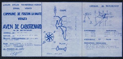 Aven dit "de Catotrenard" ou "du Sutter Waldy" à Frizon-la-Haute : coupe longitudinale, plan, croquis de localisation topographique.