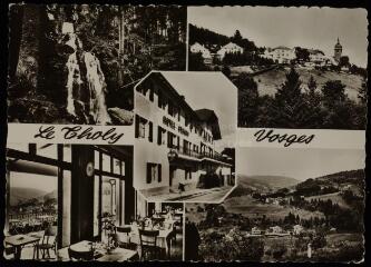 Le Tholy (Vosges), alt. 600m. Hôtel Gérard - Tél. 7 - Parc ombragé - Terrasse panoramique ensoleillée - Garages - La grande cascade de Tendon. La salle à manger - La vallée de Cleurie.