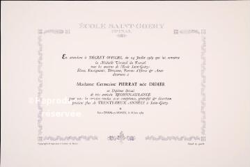 Diplôme factice pour la médaille vermeil du travail attribuée à Germaine Pierrat, née Didier.