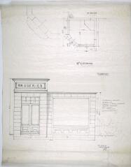 Magasin de broderies de Mlle Jeanvoine. – Projet de façade (entrée, vitrine) : plan. Projet de M. Baudot : plan de sol (29 mars 1927).