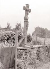 Bellefontaine - croix de chemin de Rougerupt - 1672. – Vue d'ensemble ; Christ en croix et fût sculptée d'une Vierge à l'Enfant.