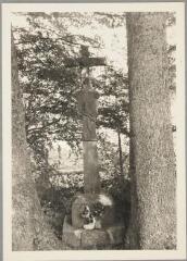 Girmont-Val d'Ajol - croix de chemin de la ferme de La Broche. – Vue d'ensemble ; Christ en croix et saint Jacques.