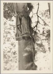 Girmont-Val-d'Ajol - croix de chemin de la ferme de La Broche. – Vue rapprochée ; saint Nicolas sculptés sur le fût.