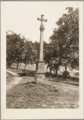 Le Val-d'Ajol - croix de chemin du Bolhâ - 1721. Vue d'ensemble ; monogramme marial sur le croisillon.