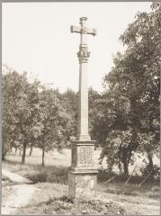 Le Val-d'Ajol - croix de chemin du Bolhâ - 1721. Vue d'ensemble ; monogramme marial sur le croisillon.