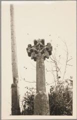 Le Val-d'Ajol - calvaire de Larrière - [XVIe siècle]. – Vue d'ensemble ; croisillon avec des bras terminés en fleur de lys, Christ en croix accompagné de la Vierge et de saint Jean.