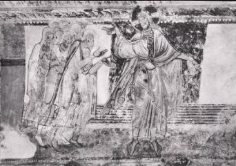 Saint-Savin - abbaye de Saint-Savin-sur-Gartempe. – Vue rapprochée de la fresque de la nef ; histoire de Noé : sortie de l'Arche.
