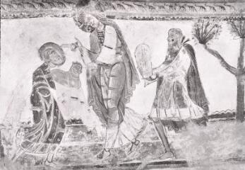 Saint-Savin - abbaye de Saint-Savin-sur-Gartempe. – Vue rapprochée de la fresque de la nef ; histoire de Abel et Caïn : offrandes.