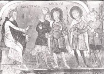 Saint-Savin - abbaye de Saint-Savin-sur-Gartempe. – Vue rapprochée de la fresque de la crypte ; légende de saint Savin et saint Cyprien : comparution des saints devant Maximus.