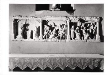 Oëlleville - église Saint-Brice. – Vue d'un retable représentant la vie de la Vierge ; l'Annonciation, l'Adoration des bergers, l'Adoration des rois mages - fin XVIe siècle.