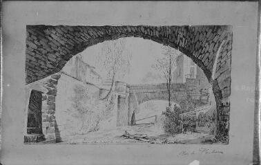 Dessin représentant l'arche sous l'hospice et le pont des Vachers à Plombières-les-Bains.
